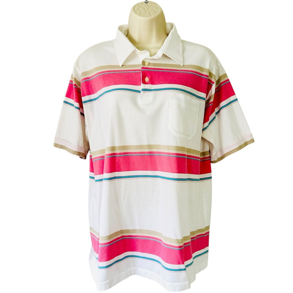 80s Vintage Arrow Men's Polo Shirt - Pink, Tan, White Stripes